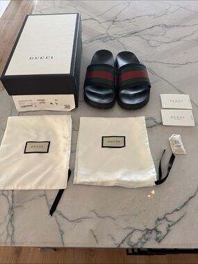 Gucci Black Slides with Green and Red Web Stripe